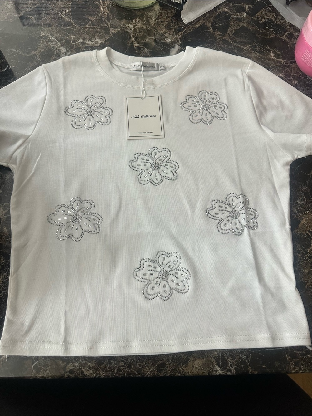 Women's White Floral Rhinestone Crop Top